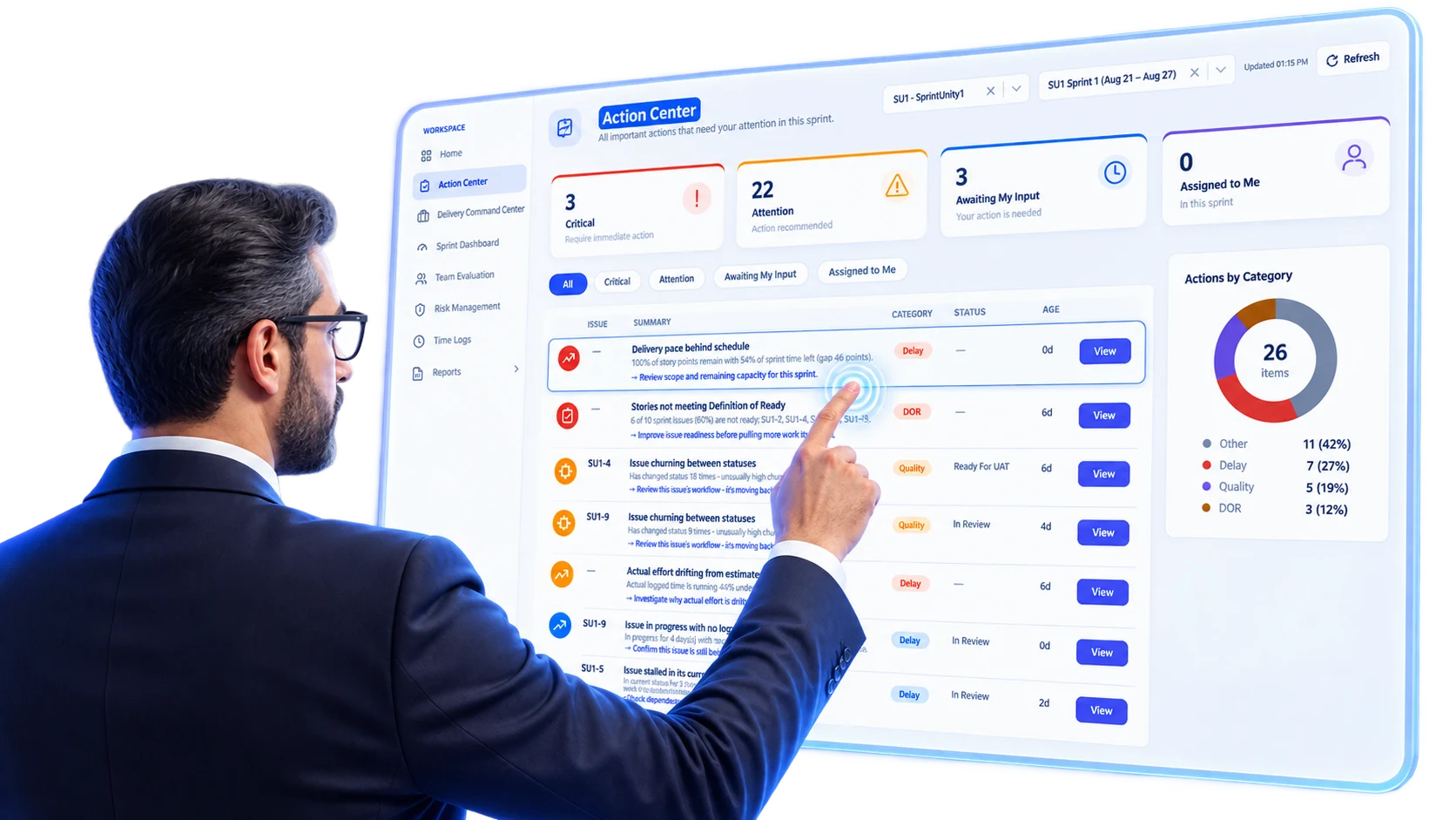 Team member reviewing the SprintUnity Action Center dashboard, with Critical, Attention, Awaiting My Input counts and a prioritized action list on screen
