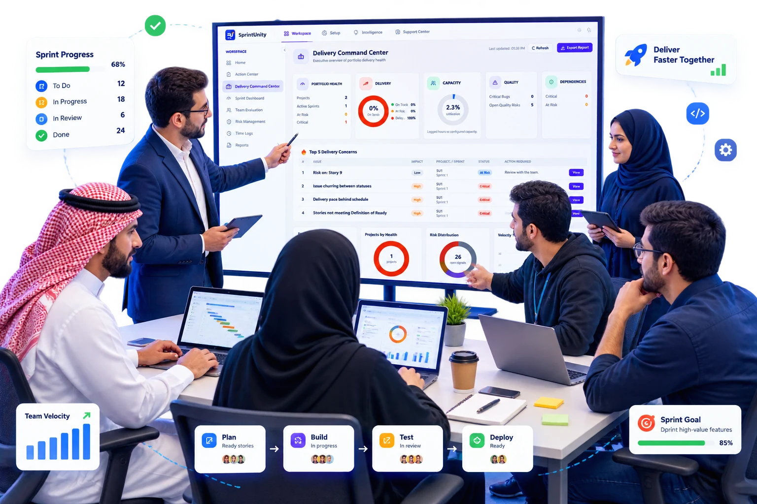 Delivery team reviewing the SprintUnity Delivery Command Center together, with Portfolio Health, Top 5 Delivery Concerns and Risk Distribution on screen