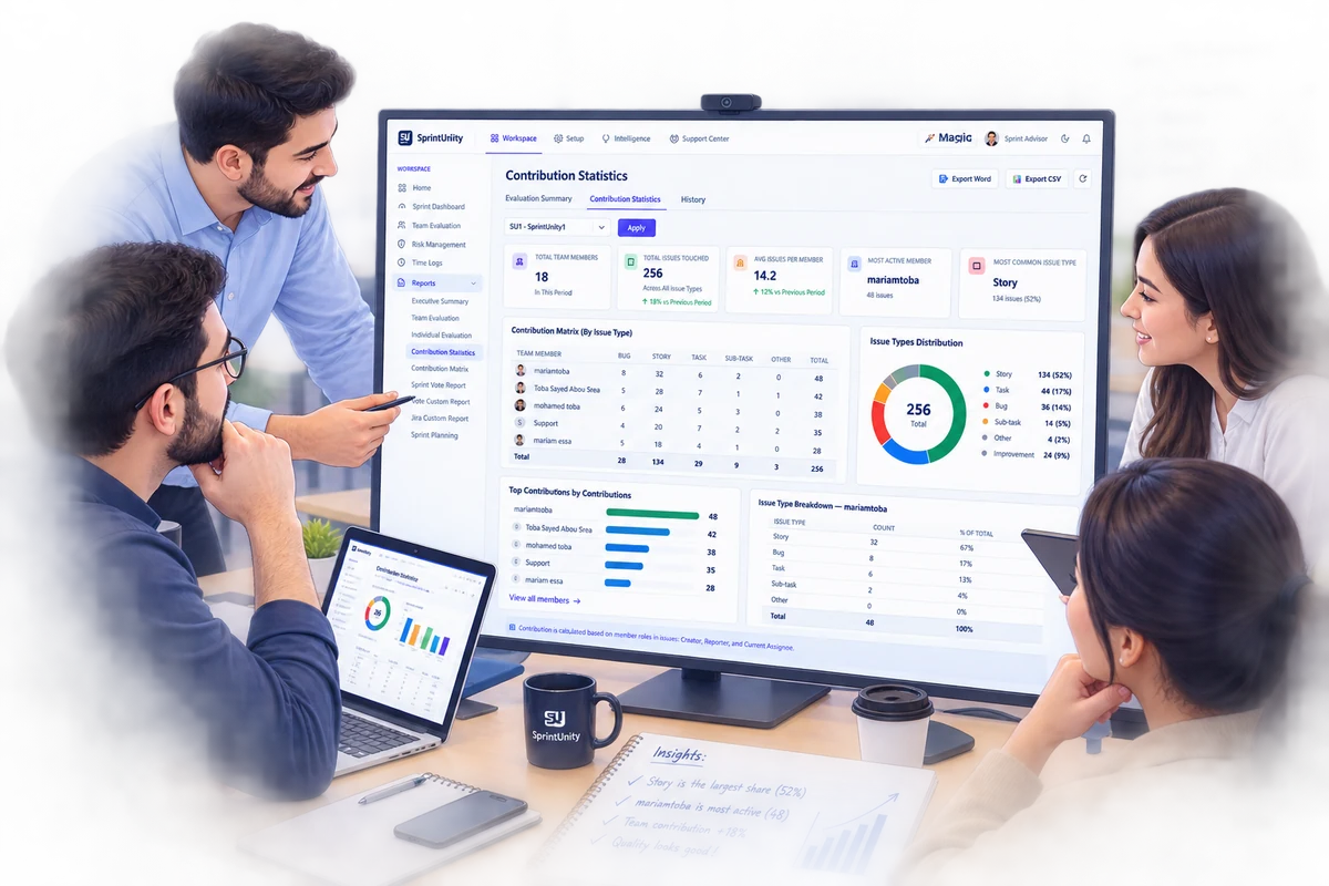 A team reviewing SprintUnity's Contribution Statistics together on screen — contribution matrix, issue types distribution and top contributions