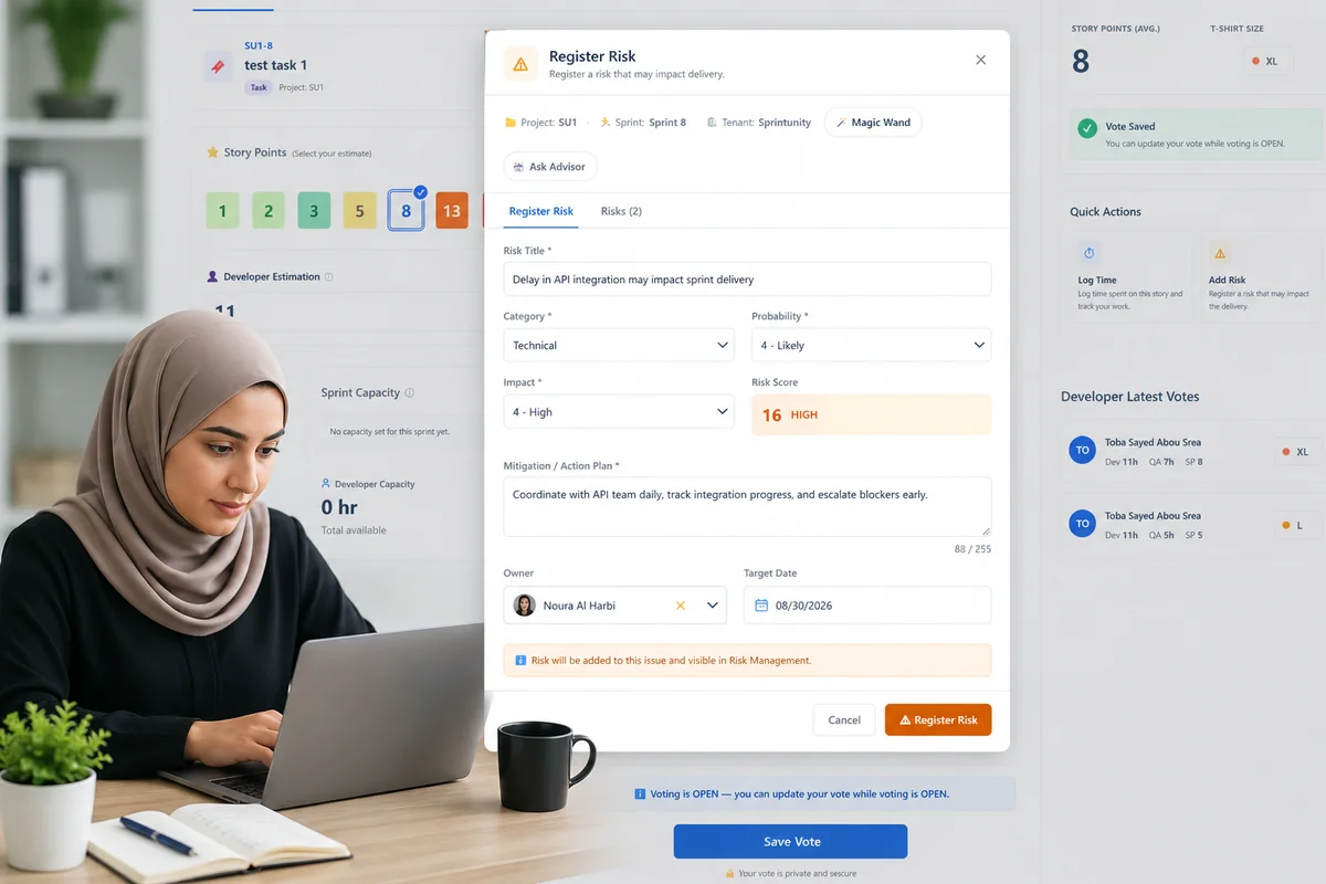 SprintUnity Register Risk dialog — risk title, category, probability, impact, risk score, mitigation plan, owner and target date