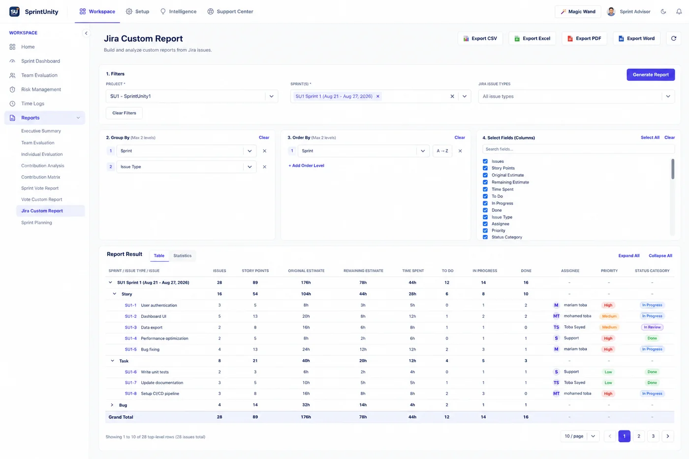 SprintUnity Jira Custom Report — filters, group by, order by, column selection and report result table