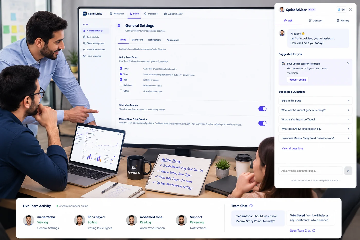 SprintUnity Sprint Advisor panel — suggested for you, suggested questions and ask anything about this page